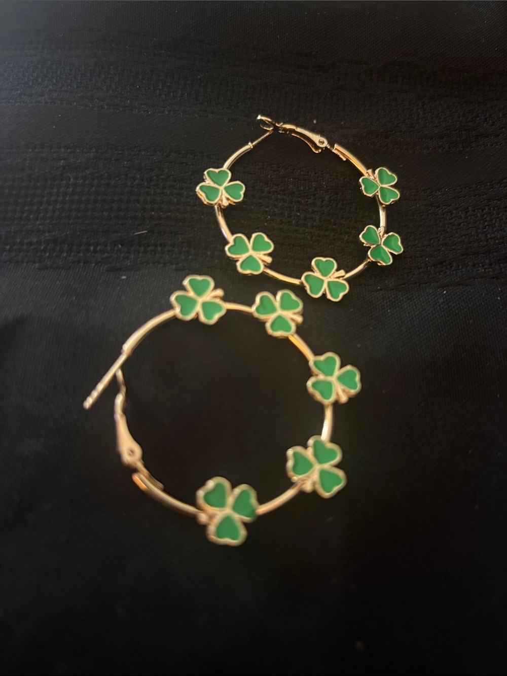 Gold Hoop Earrings with Green Clover Accents